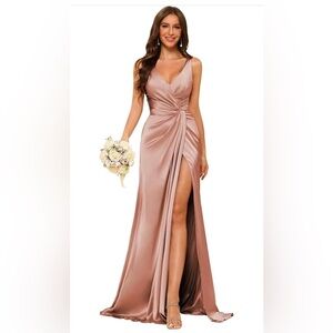 Women's Dusty Rose V Neck Sleeveless Satin Pleated Dress